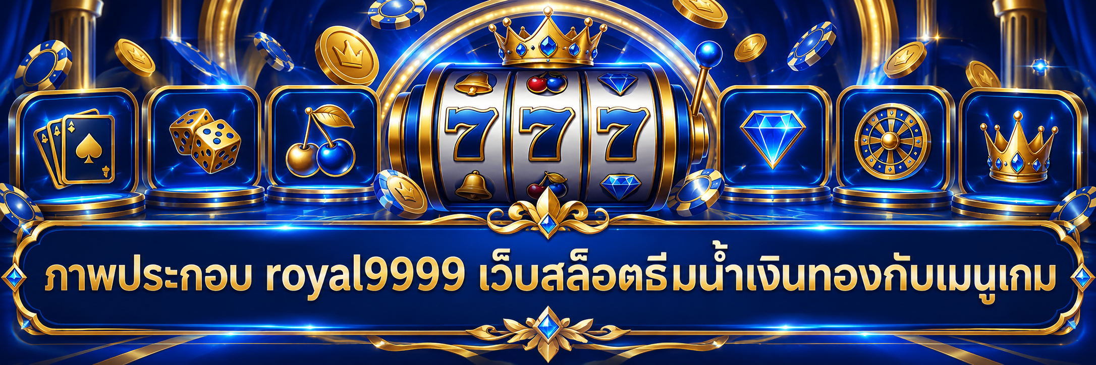 ภาพประกอบ royal9999 เว็บสล็อตธีมน้ำเงินทองกับเมนูเกม